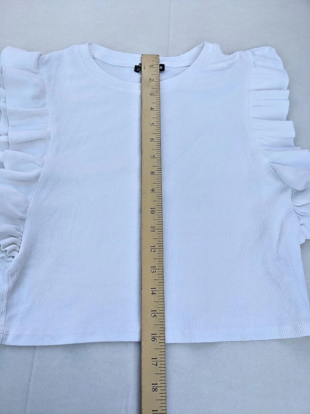 Zara Ribbed Ruffle T-Shirt Ruffle Sleeve Top White Medium - Picture 7 of 8